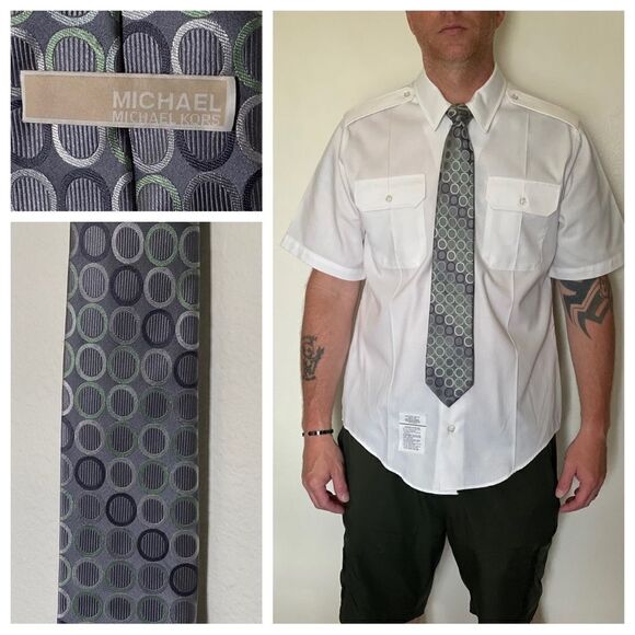 Michael Kors Tie Circle Print Silver Gray Green Metallic - Picture 2 of 5